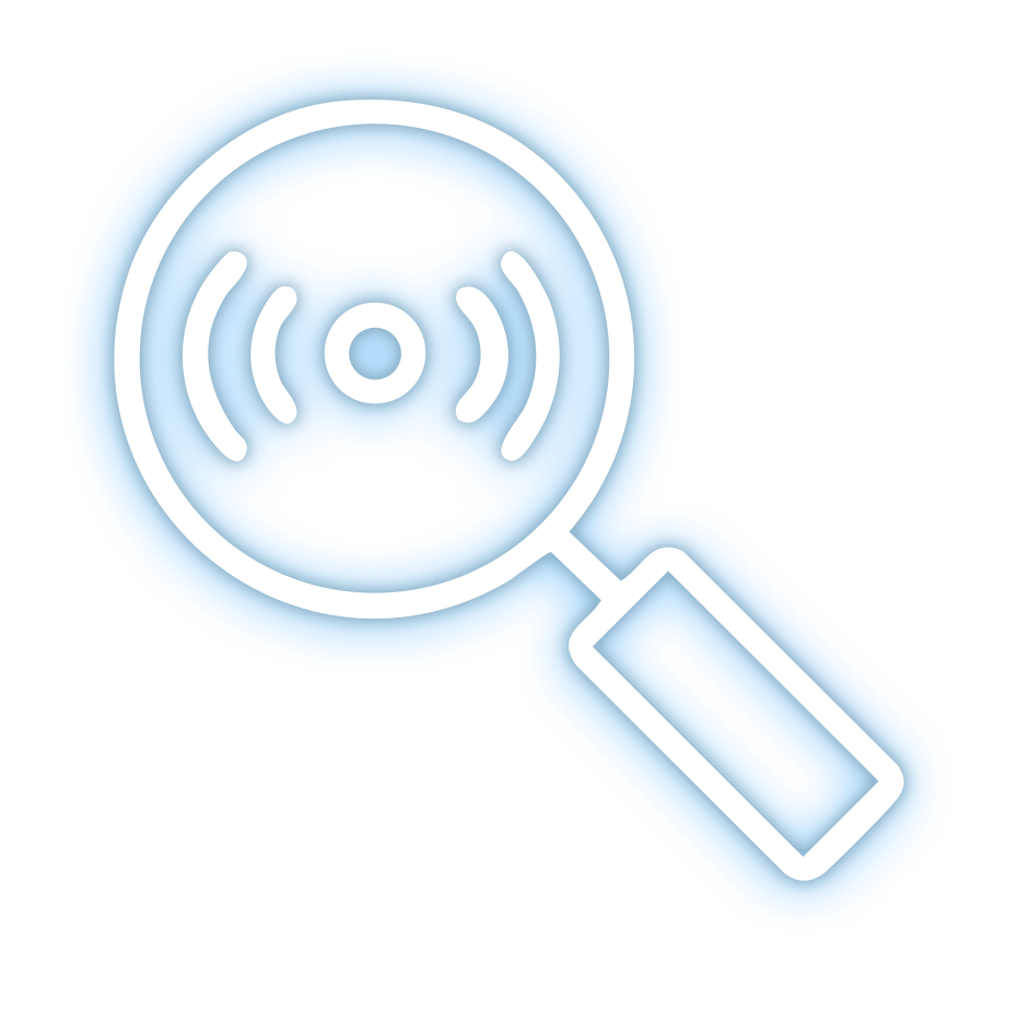 Icon of a magnifying glass with a signal symbol.