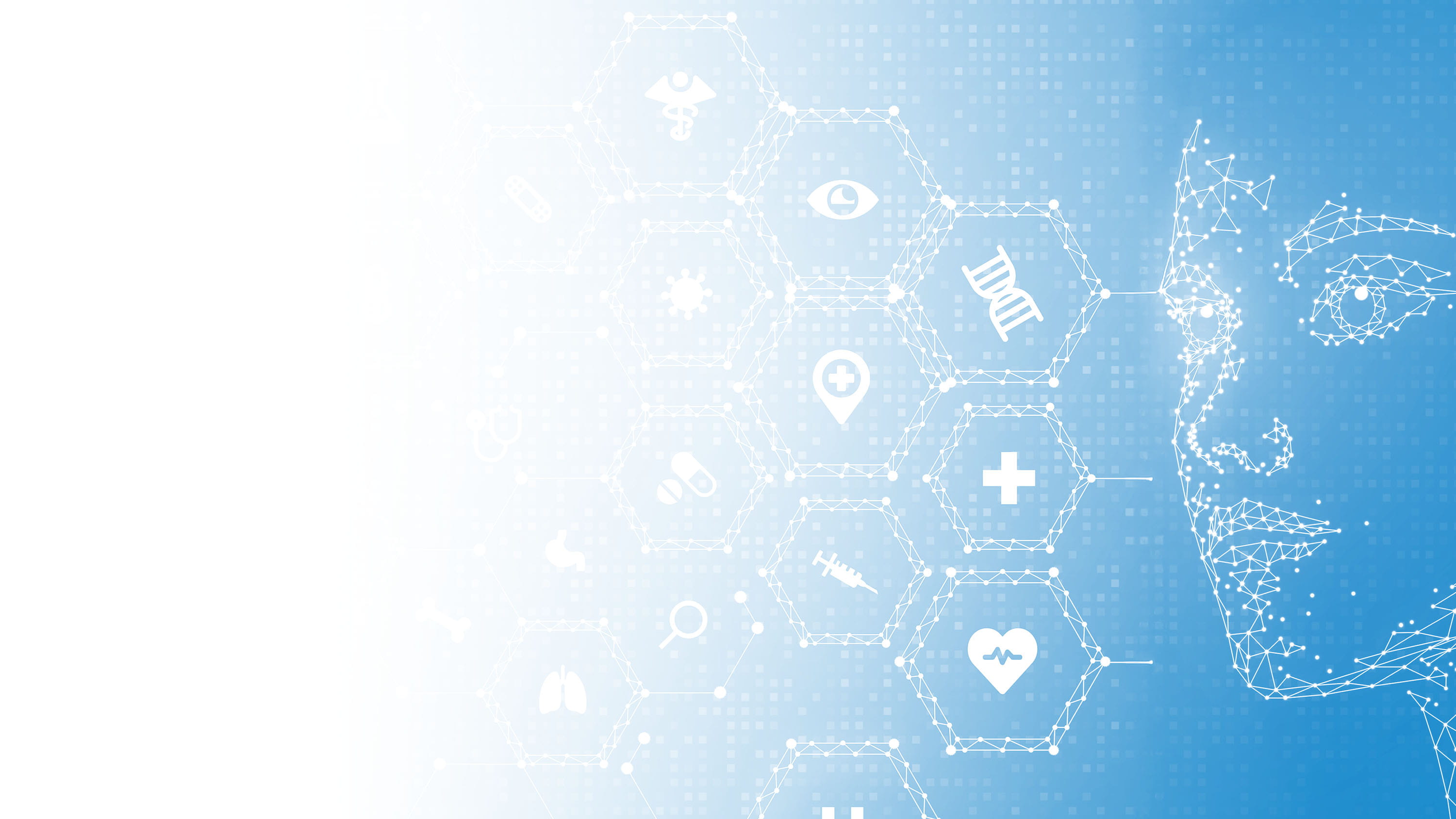 AI Face image with floating hexagons with different healthcare icons in them