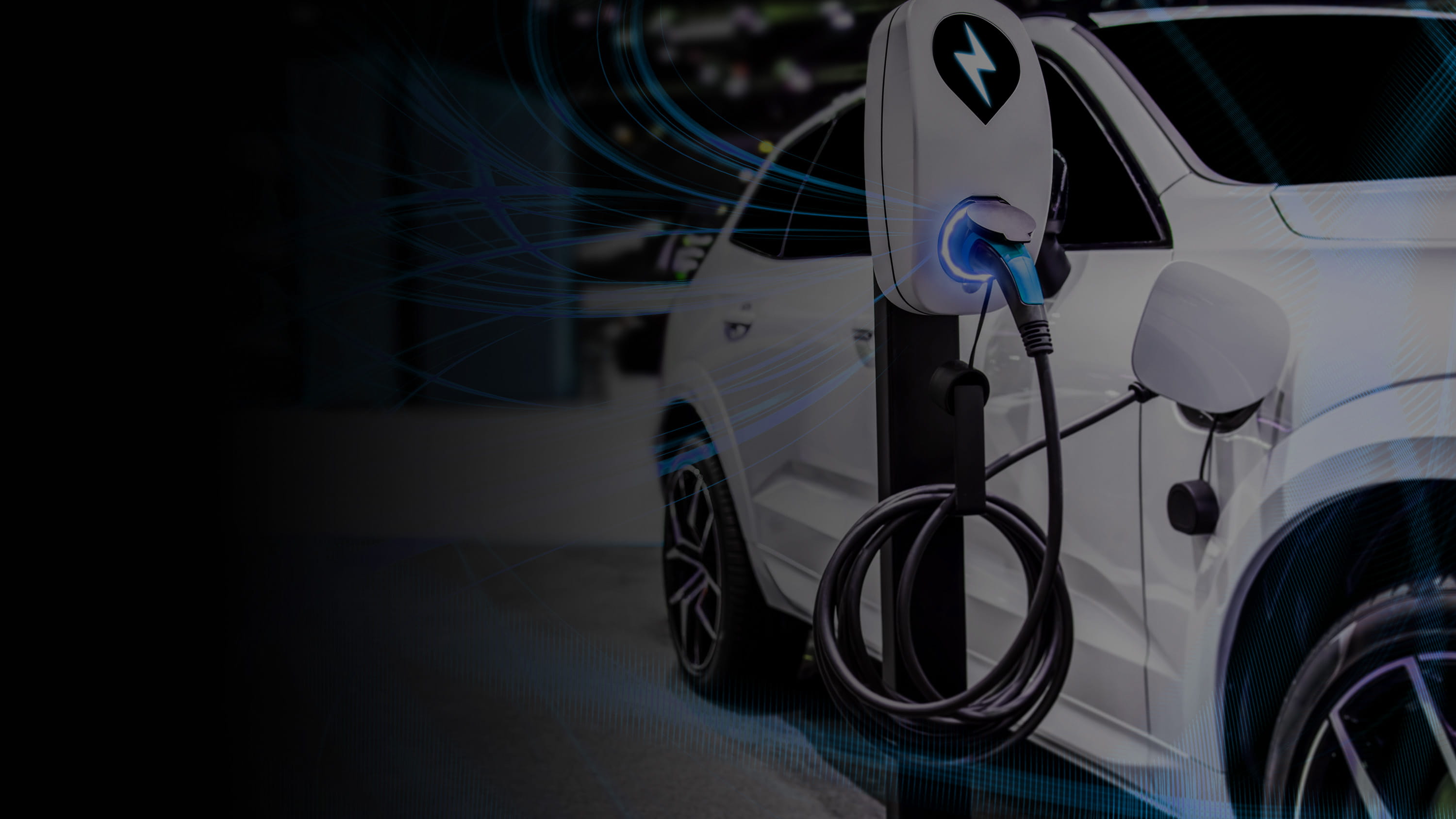 An electric car plugged in to its charging port, gradient.