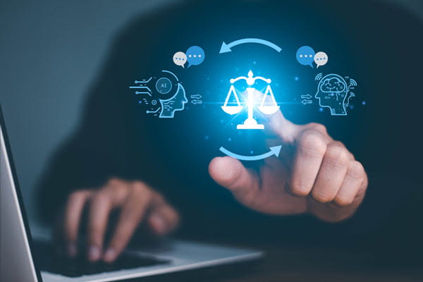 Hand touching floating tech symbols