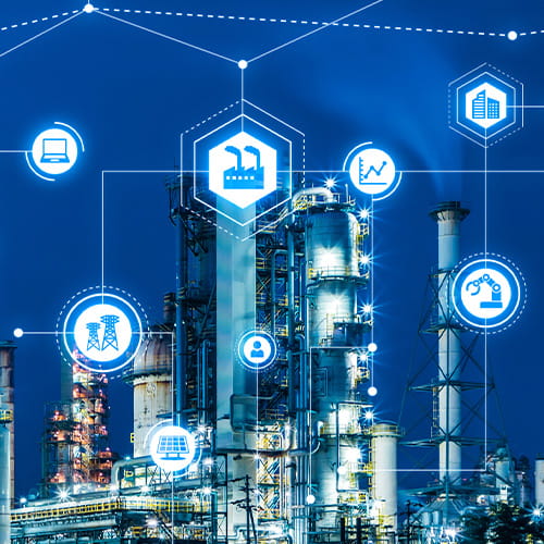 Buildings with Tech Icons floating