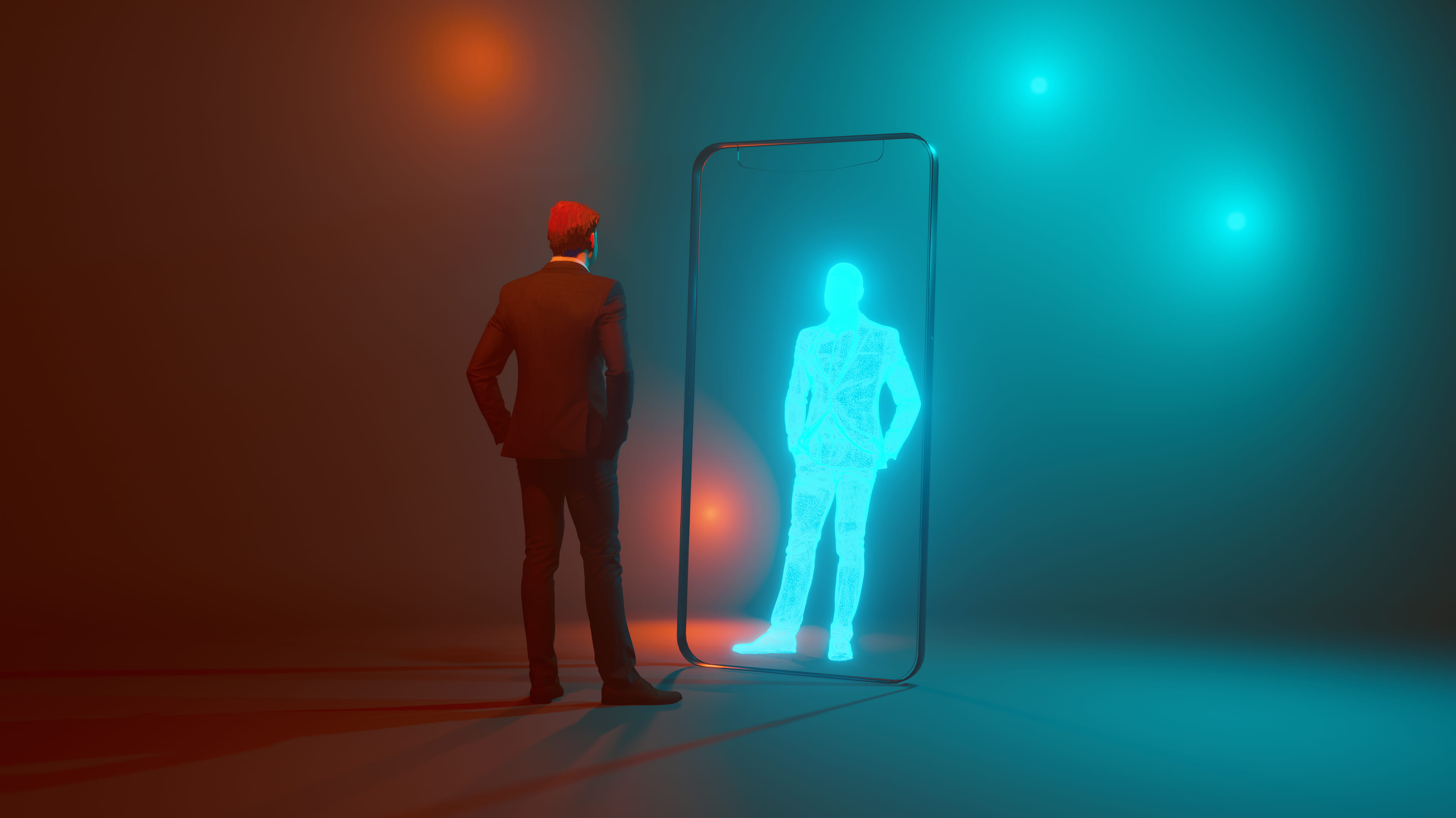 A man looking at digital version of himself in a mirror. 
