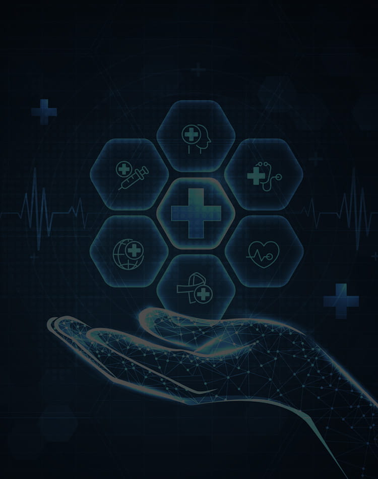 A virtual hand holding virtual healthcare icons
