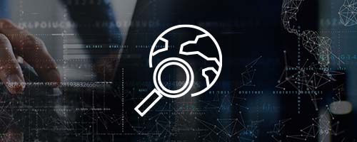 Long white icon, globe with magnifying glass on faded abstract background.