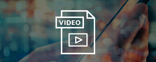 Long white icon, video on webpage on faded abstract background. 