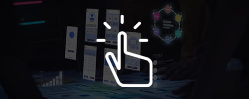 Long white icon, a finger clicking on something on a faded abstract background.