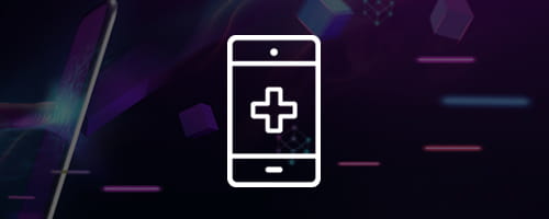 Long white icon, a mobile phone with a health symbol on a faded abstract background.