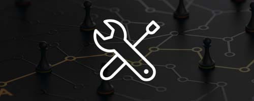 Long white icon, a wrench and tool crossed over each other on faded abstract background.