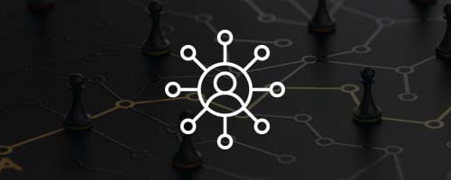 Long white icon, a person's network expanding outward from them on faded abstract background.