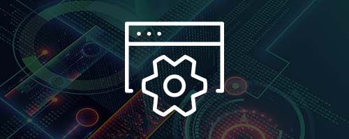 Long white icon, a browser window with a gear on faded abstract background.