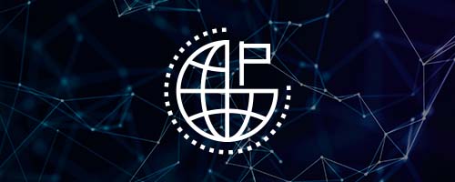 Long white icon, 3/4s of a globe with a flag on it on faded abstract background.