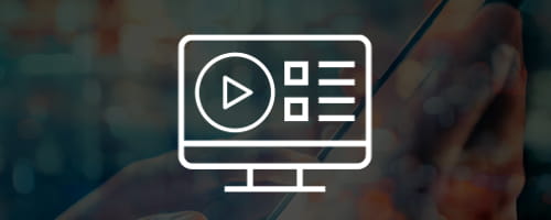 Long white icon, a computer screen with a video play button and boxes with text on faded abstract background.