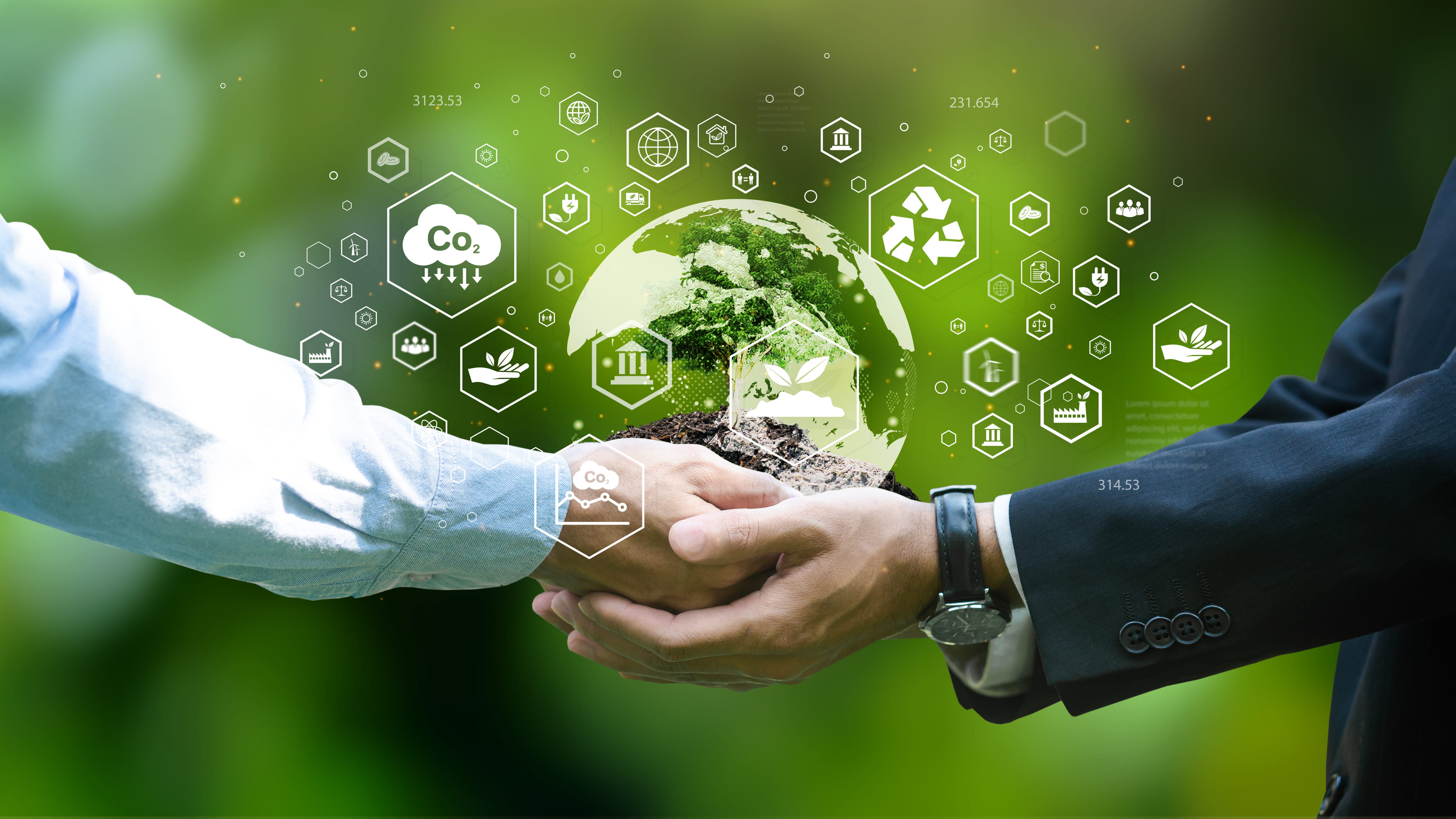 Environment earth day In the hands of a businessman handing a planted tree ESG icon concept, environment, society and governance.