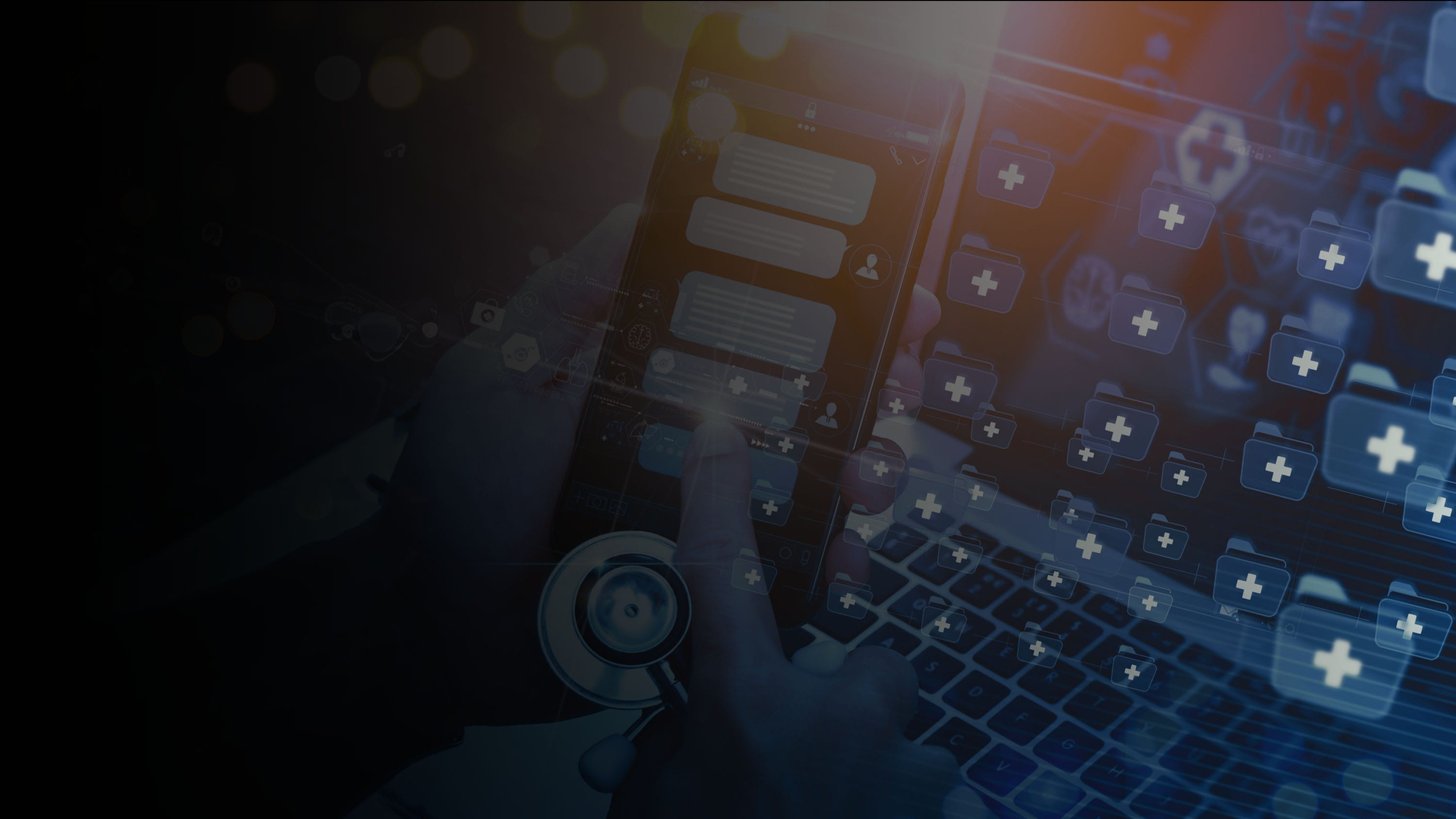 Person looking at a cell phone and healthcare symbols floating next to it 