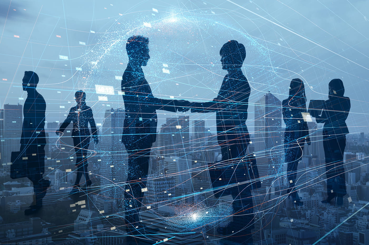 Financial services professionals, handshakes.