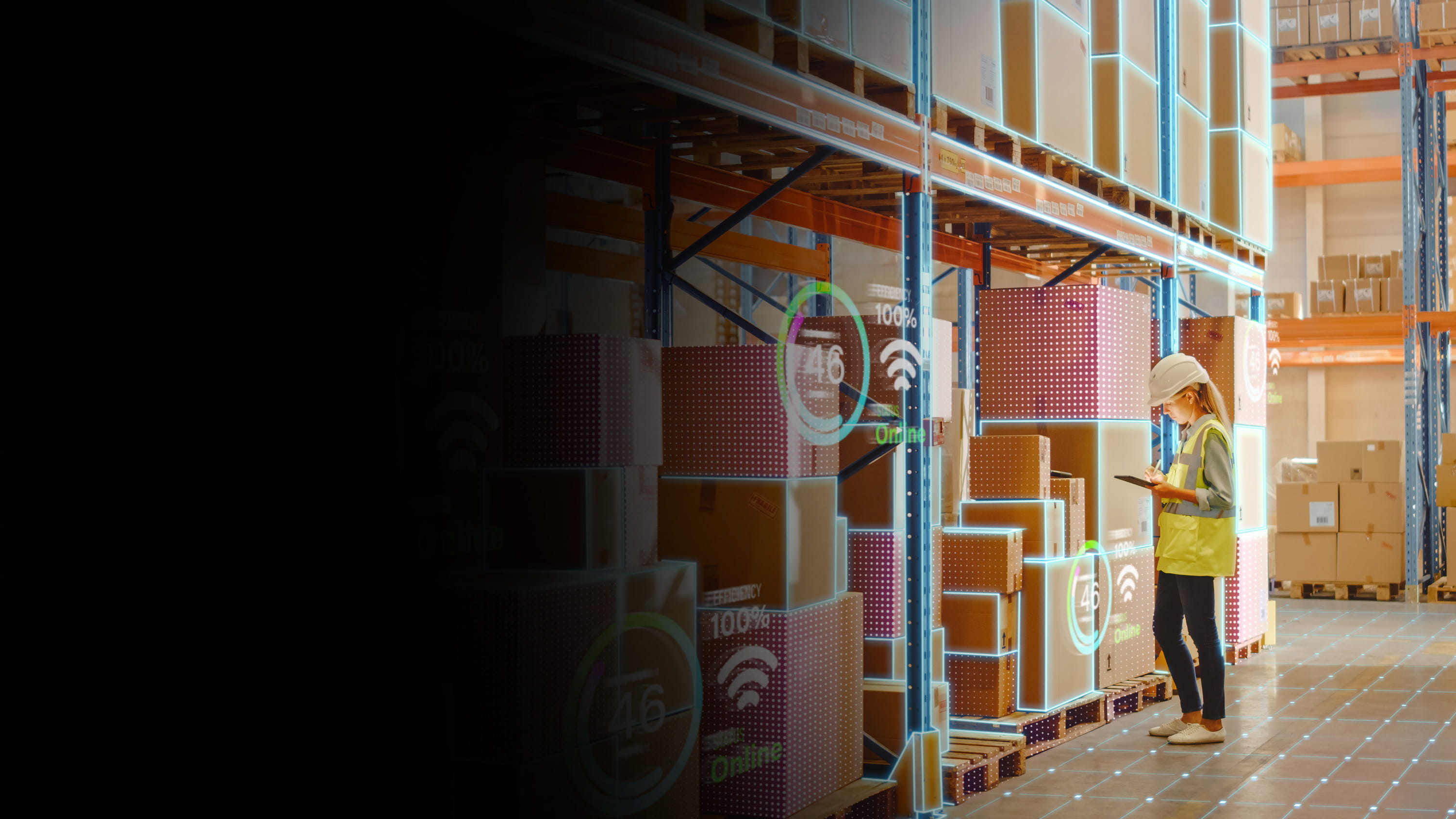 A woman using technology in a warehouse to check inventory.