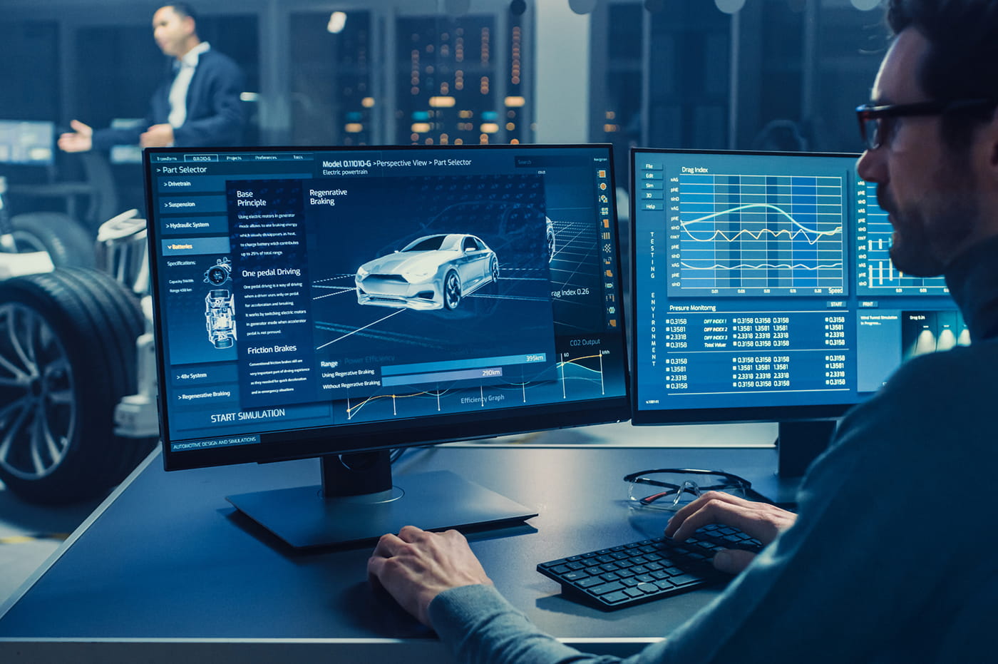 Looking at analytics and details of a car on a computer.