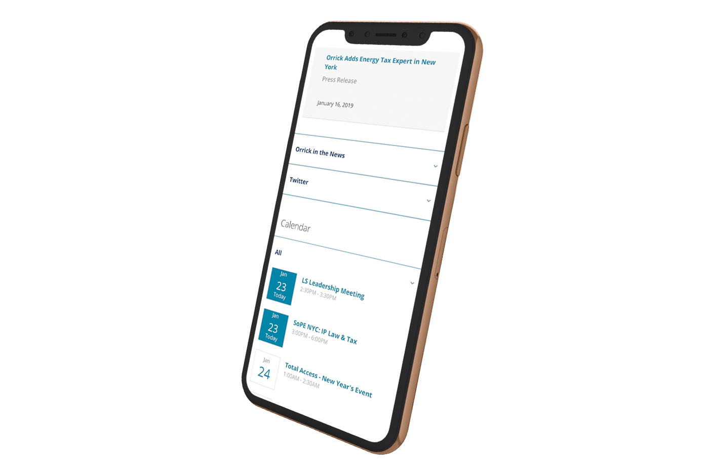 An Orrick website page on a cellphone.
