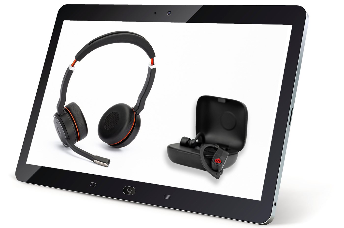 Poly products displayed on a tablet screen.