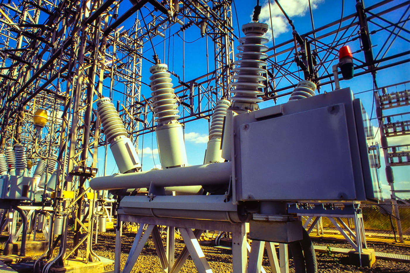 Electrical wires at a power plant.