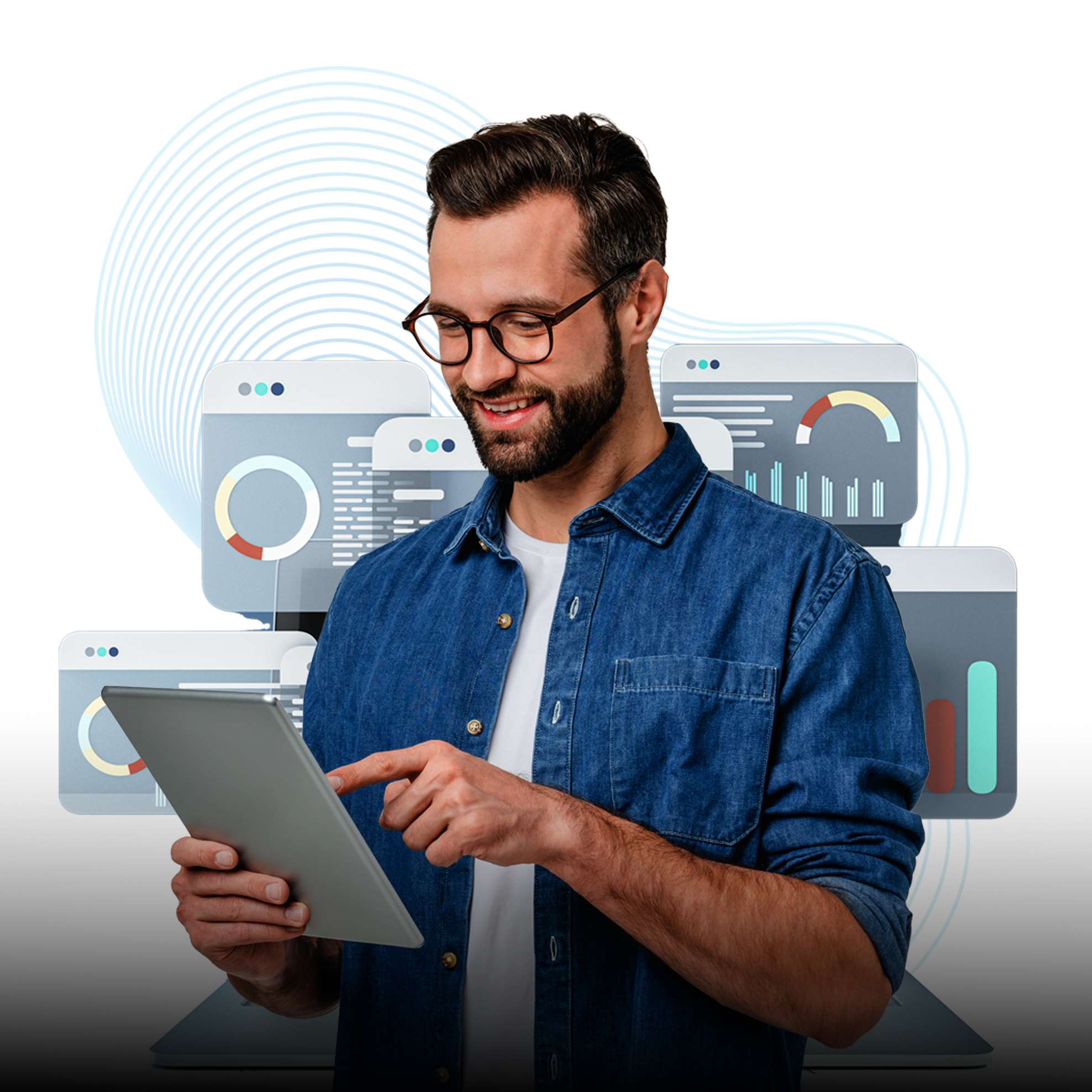 Man looking at a tablet with charts behind him 