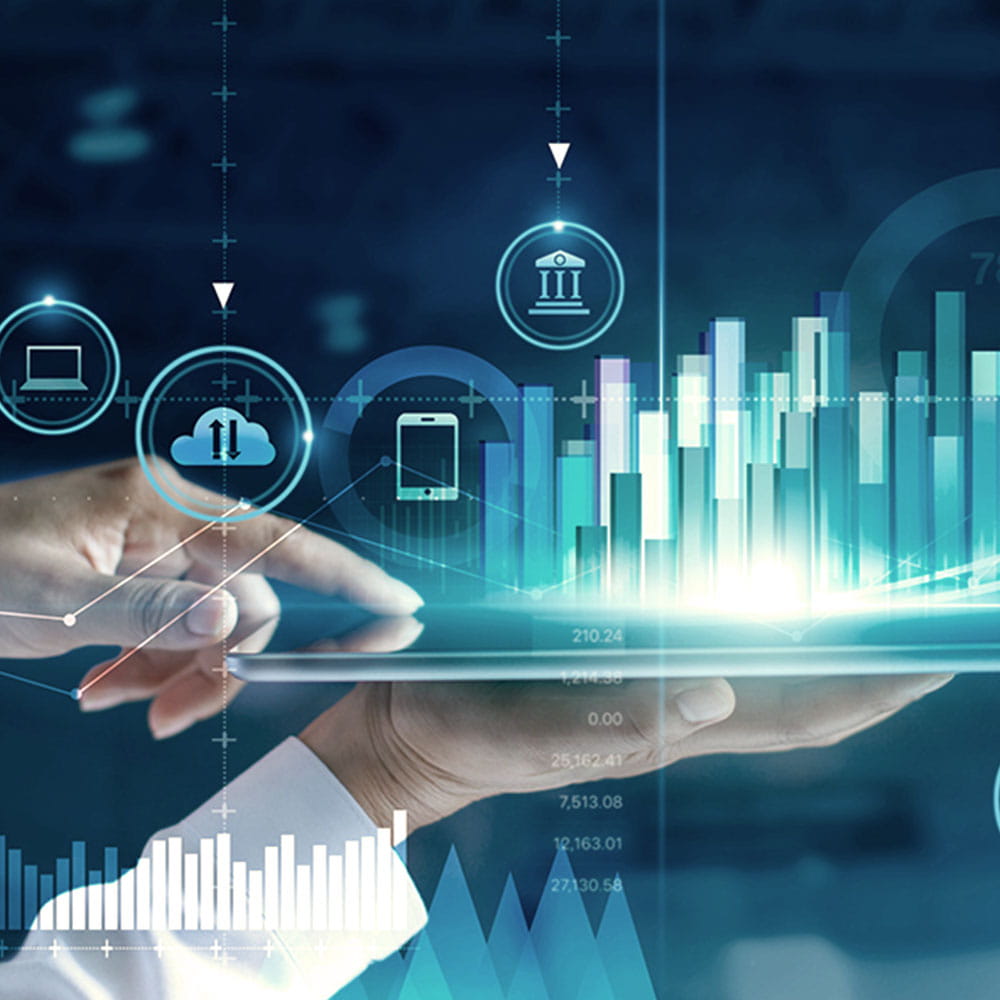 Glowing data charts and symbols hovering over a tablet.