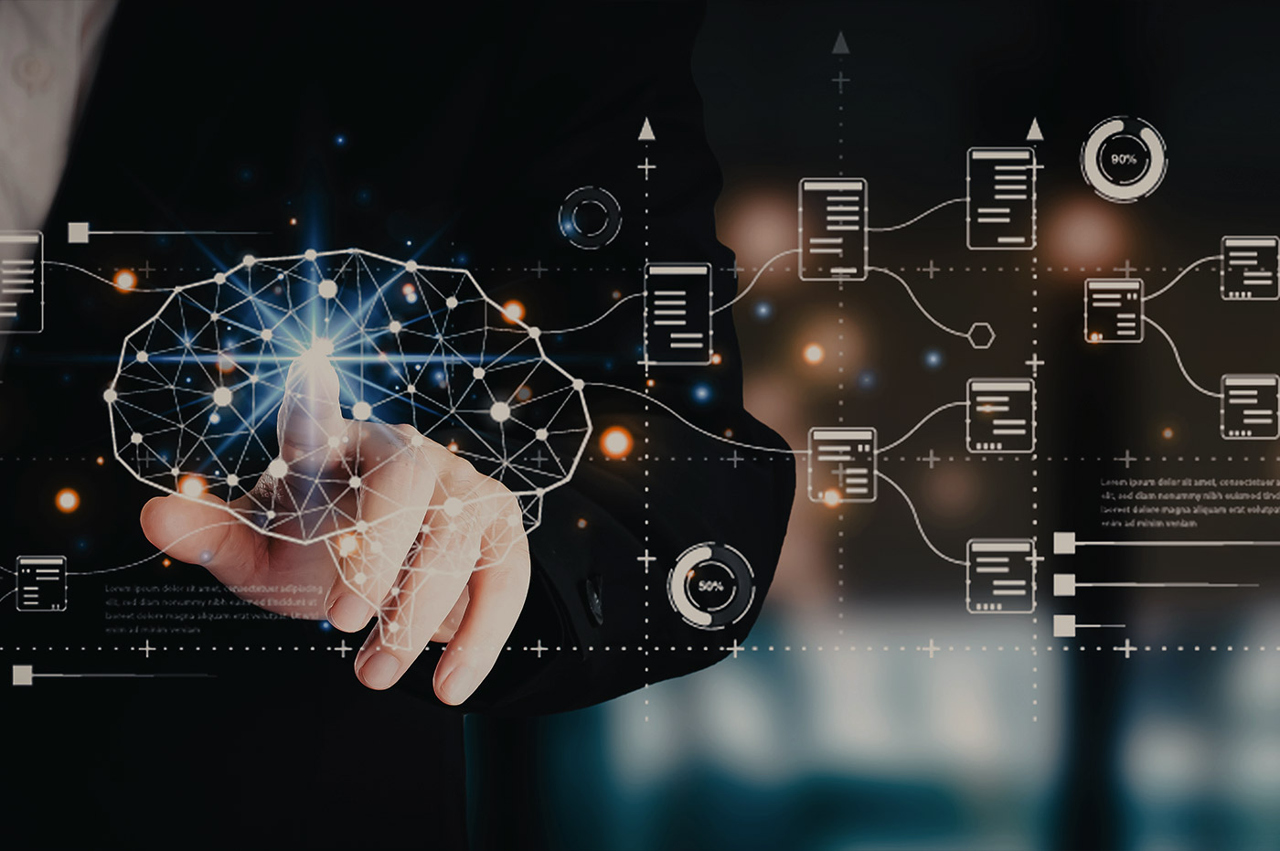 A person pressing on a digital brain with different things appearing next to it