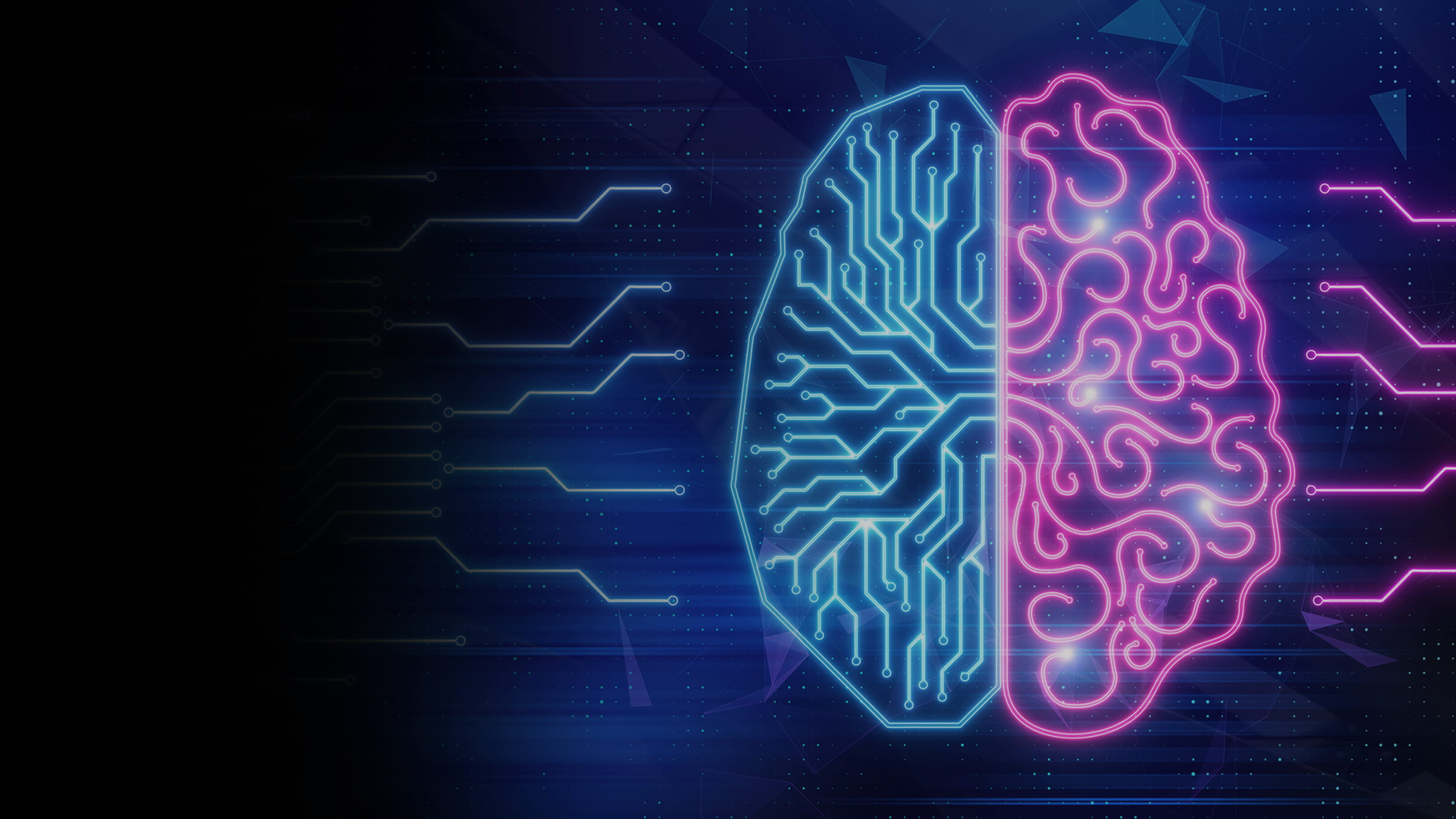 Brain with half made of wires, blue and pink. 