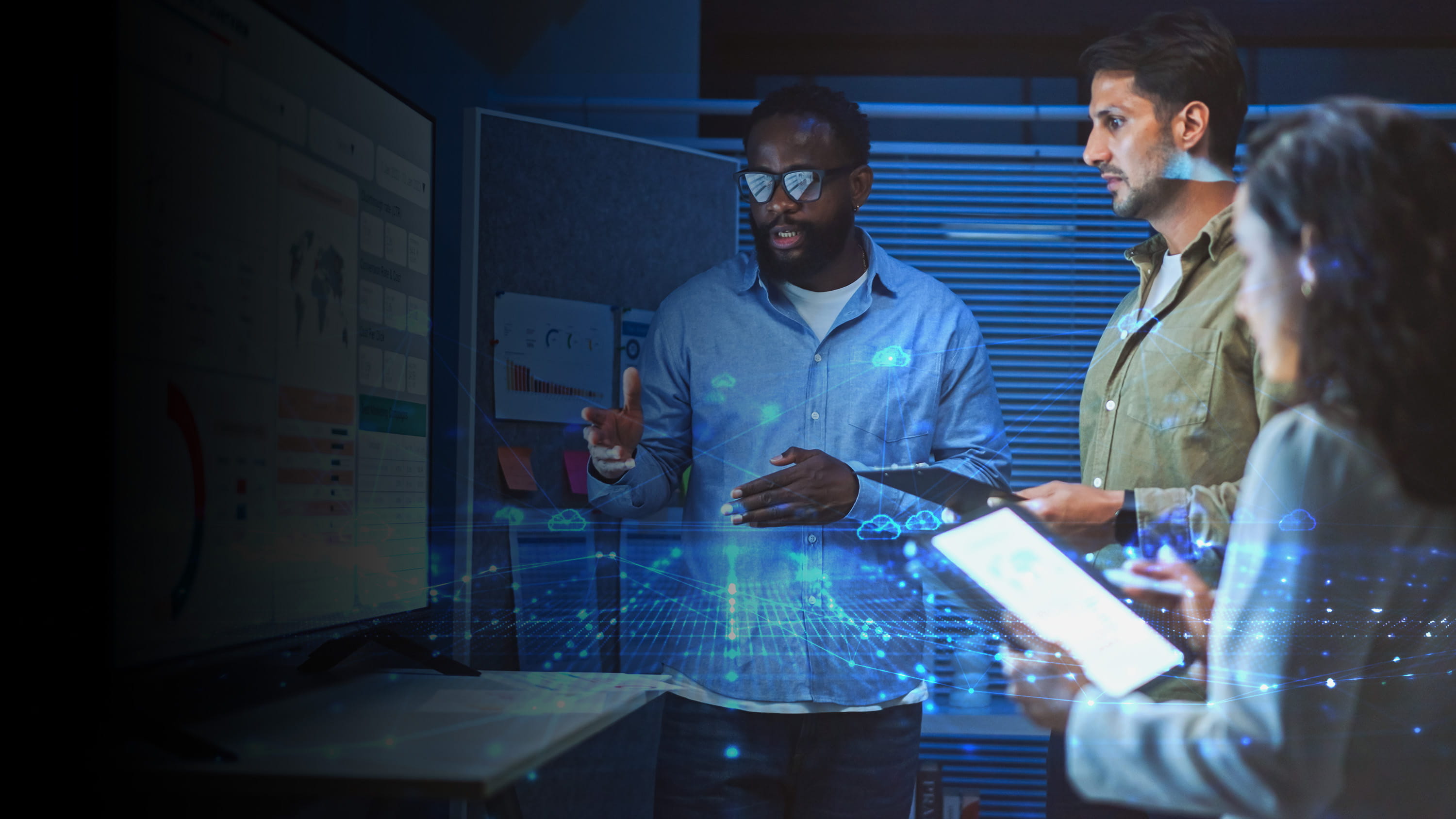 A group of technical professionals working together.