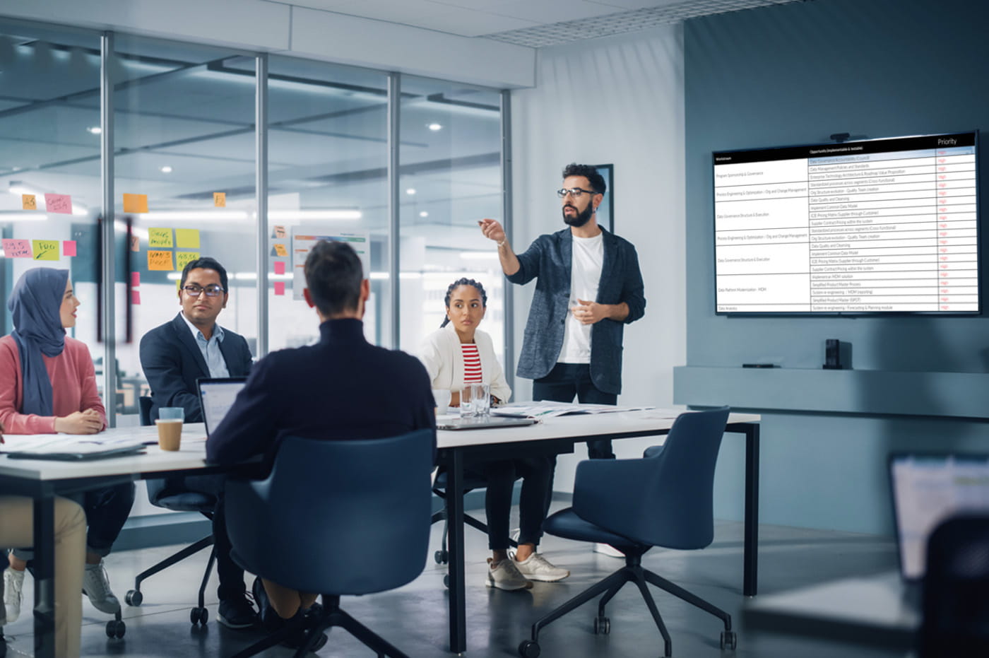 A man standing in front of a group of people in an office giving a presentation