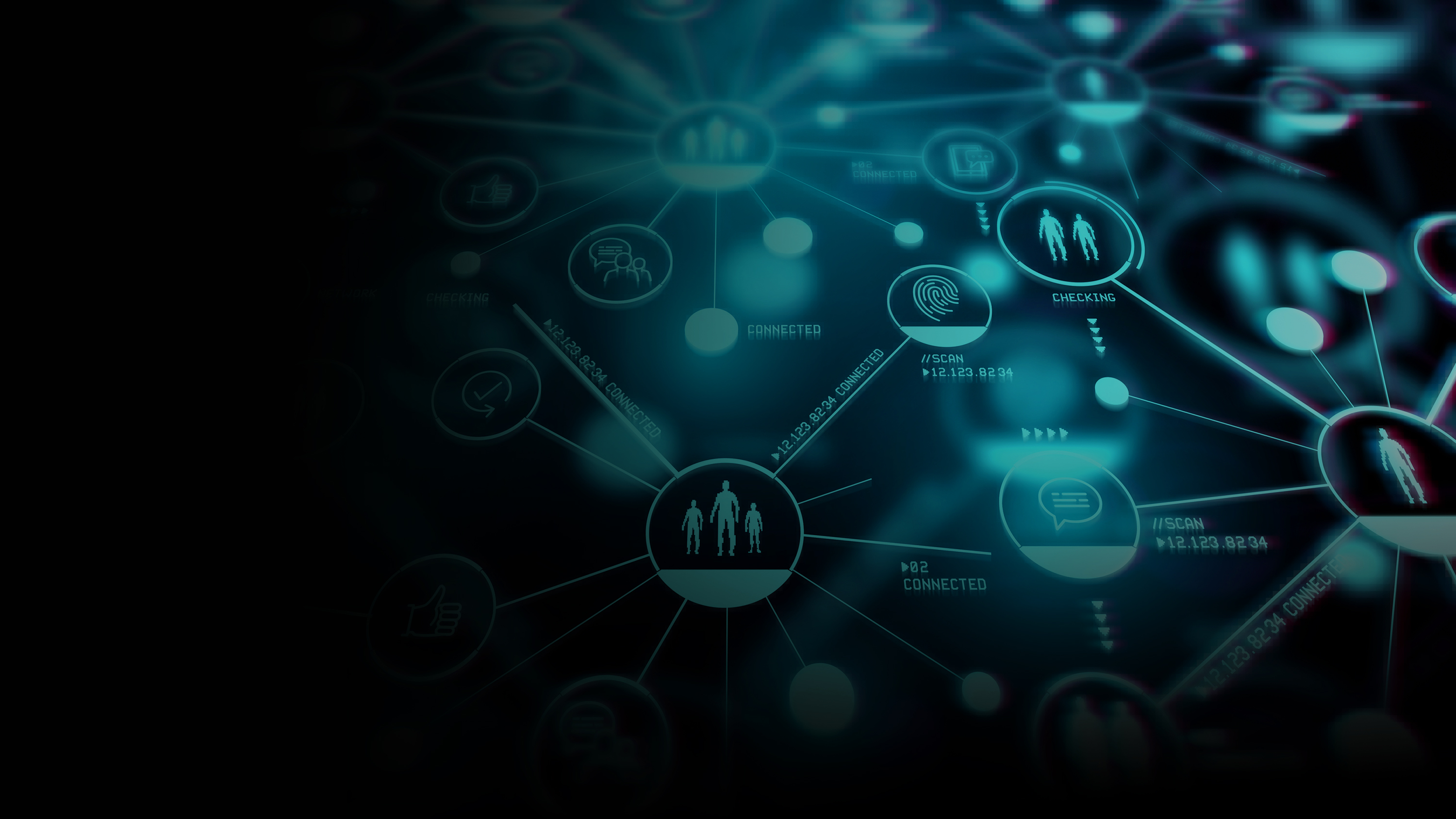 Connected glowing digital icons. Omnichannel marketing imagery. 