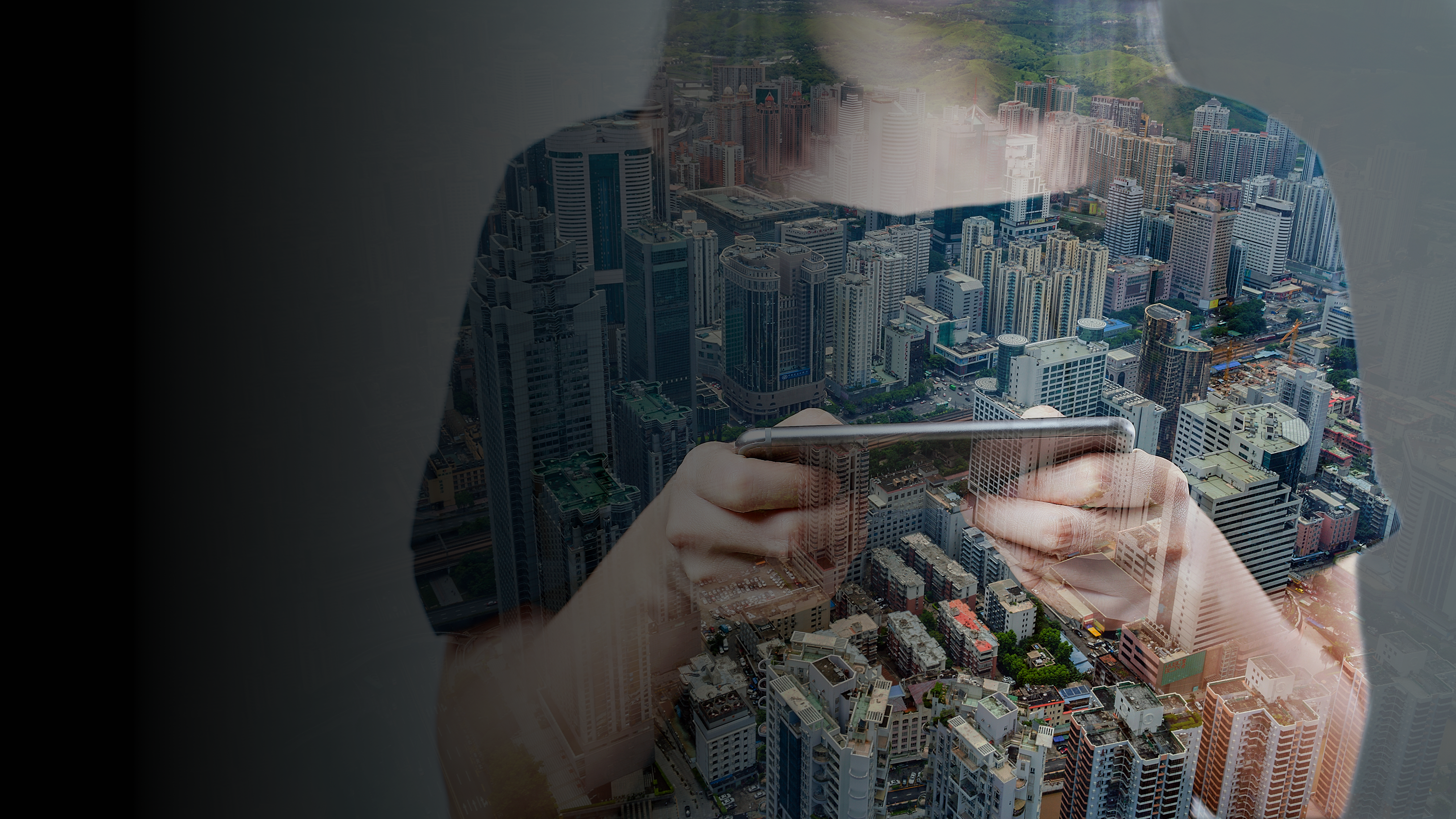 A woman using her phone, gradient background image.