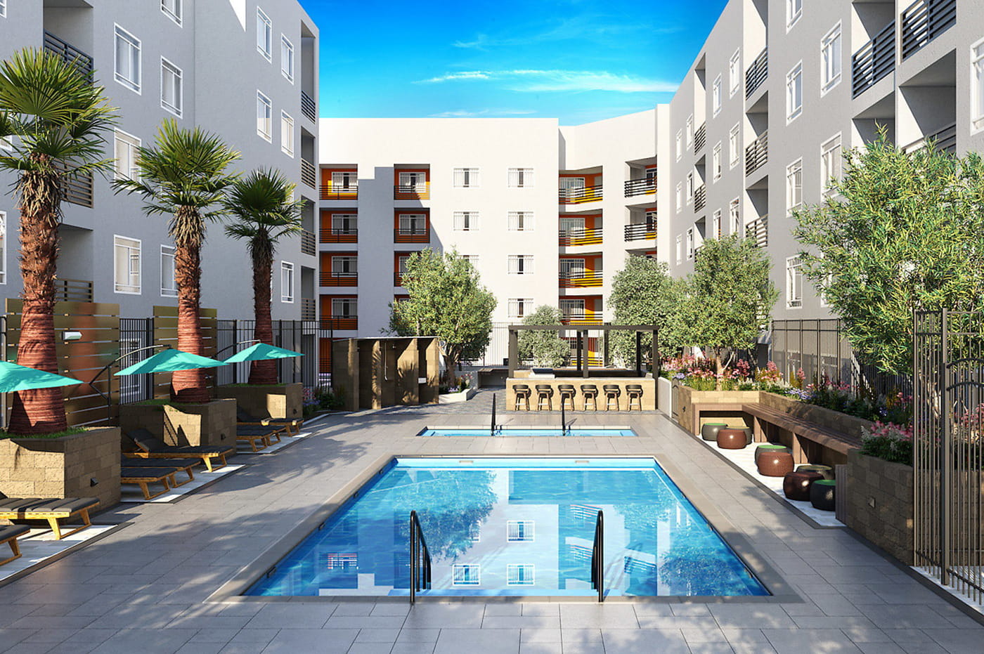 Apartment building pool and courtyard.