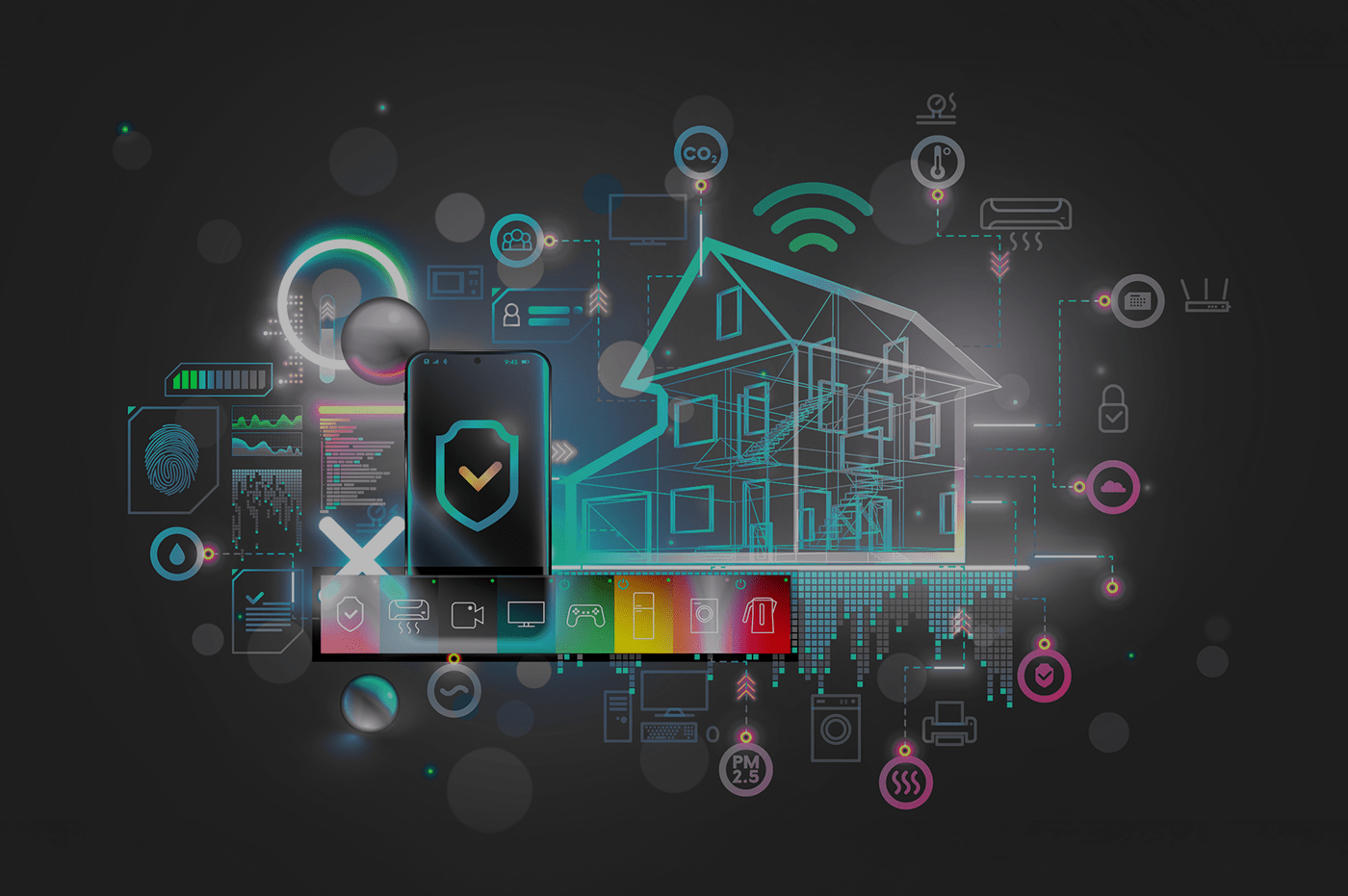 Conceptual art of a smart home security system.